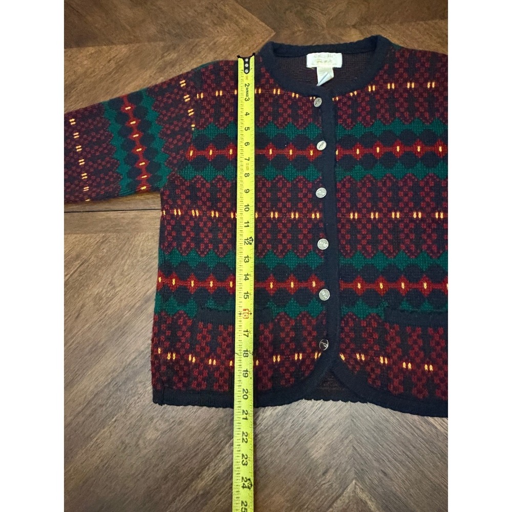 Tally-Ho Vintage Geometric Fair Isle Cardigan Sweater Burgundy Green Navy Small - Picture 5 of 6